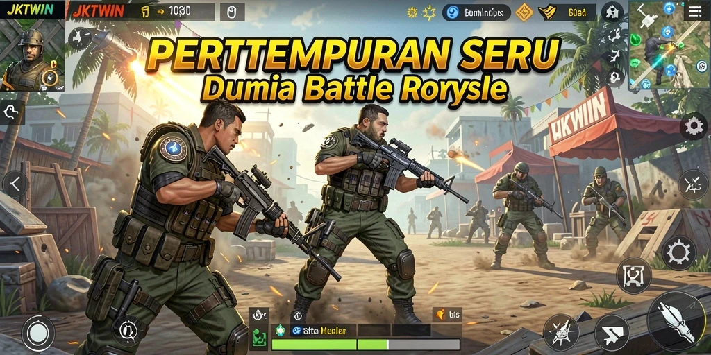 Gameplay JKTWIN menampilkan aksi pertempuran intens di medan perang Battle Royale.