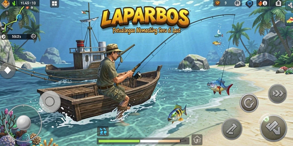 Screenshot menampilkan pemain menangkap ikan di lokasi pantai yang indah.