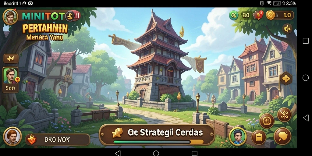 Screenshot gameplay <strong>MINITOTO</strong> yang menampilkan menara bertahan melawan gelombang musuh.