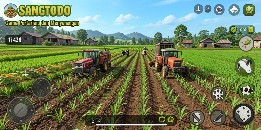 Screenshot dari gameplay SANGTOTO yang menunjukkan ladang yang hijau dan subur.