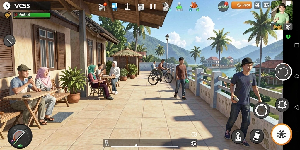 Tampilan gameplay VC55 dengan berbagai aktivitas simulasi yang menarik.